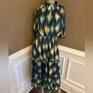 Abbey Glass High Neck Layered Watercolor Floral tiered Dress Sz S Green